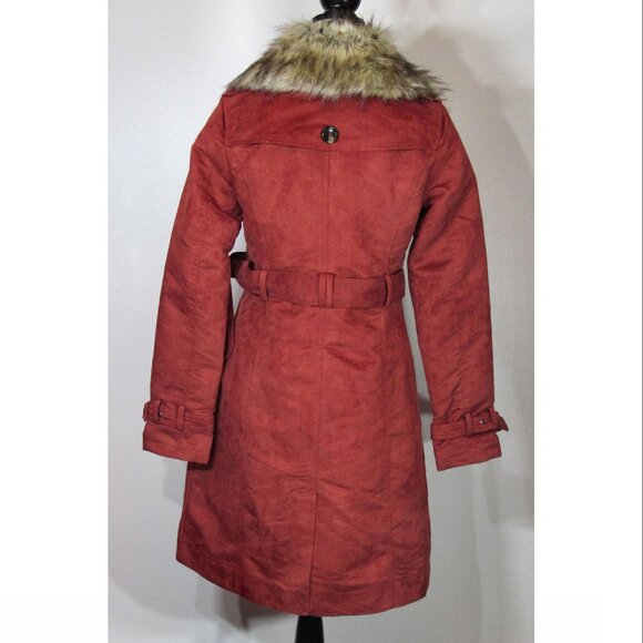 Steve Madden Faux Suede Faux Fur Collar Trench Coat, Red Orange Womens Size S - Picture 5 of 8